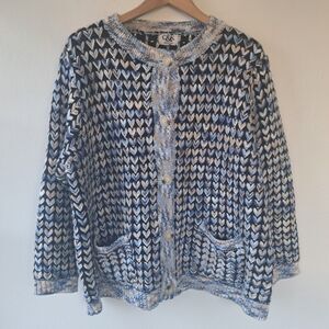 C&K Designs Chunky Chevron Knit Cardigan Sweater Women XL Button Down Blue Brown